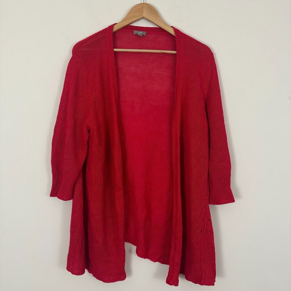 J.Jill Cardigan Sweater Red Linen Knit Open Front Bohemian Resort Womens Large